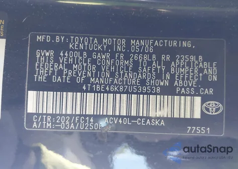 2007 Toyota Camry Se from USA, damaged, VIN 4T1BE46K87U539538